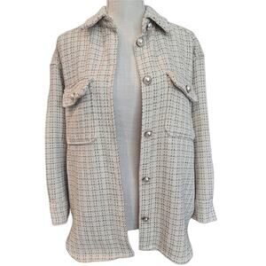 Shein Tweed Ivory Oversized Shacket Cardigan Sz OZ